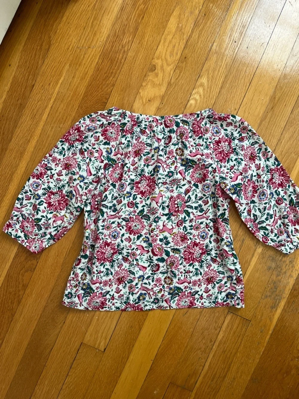 Girls Size 8 Whimsical Spring Horse Deer Rabbit Print Pink 3/4 Sleeve Top Blouse